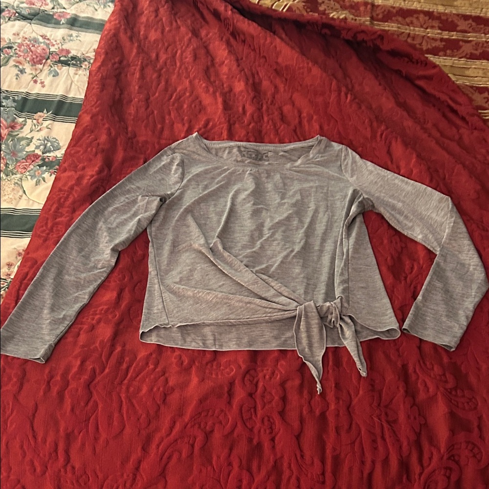 Gray Long Sleeve Women's Top with Tie Detail